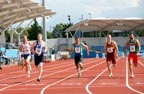 54 Luke Evans (Blackburn) wins the senior 200 metres from 169 Darren Scott (City of Sheffield), 17 Rick Beardsall (City of Sheffield) and 67 Luke Giblin (Belgrave Harriers) and Umar Hameed (Sale), Northern Championships, Sport City, Manchester